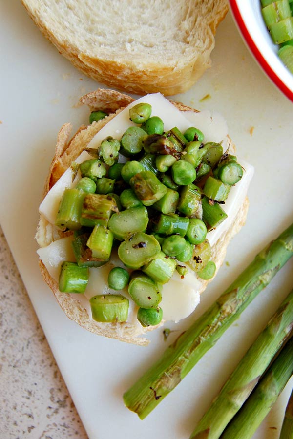 Assembly of Asparagus Green Pea Salad Grilled Cheese