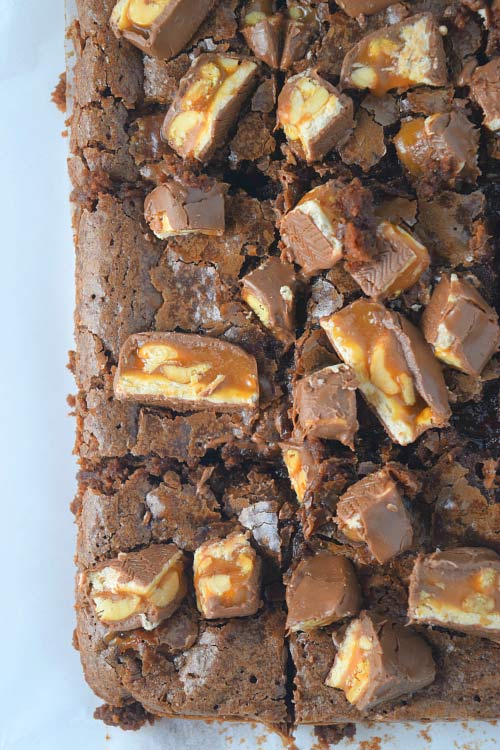 Double Trouble Snicker Brownies Out of the Oven
