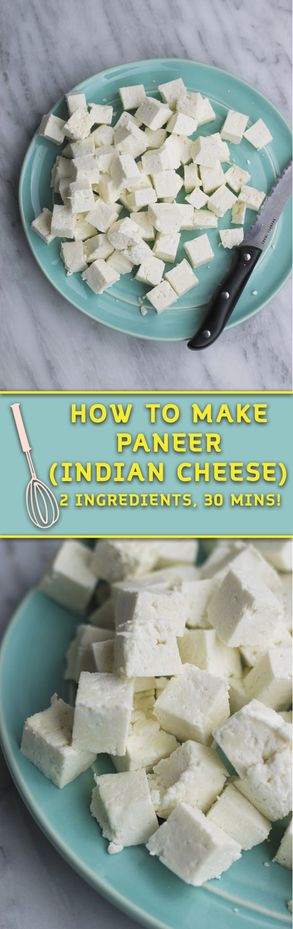 how to make paneer - just 2 ingredients & 30 mins is all you need to make paneer at home! So many delicious ways to eat this cheese & it's way cheaper to make at home! Store in freezer for upto 4 months!
