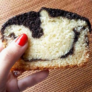 slice of easy moist chocolate marble cake title