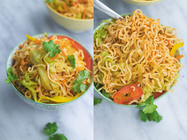 Spicy Schezwan Chowmein Noodles - cheap ramen noodles used without seasoning packets, with tons of fresh vegetables and spicy schezwan sauce. A quick 20 MINS dinner that will make everyone happy! You can even add meat/tofu to make it more filling!