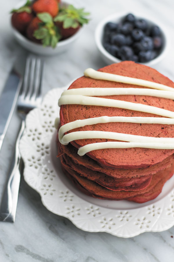 Eggless Red Velvet Pancakes - just 20 Mins, basic pantry ingredients needed. Softest stack of pancakes ever!