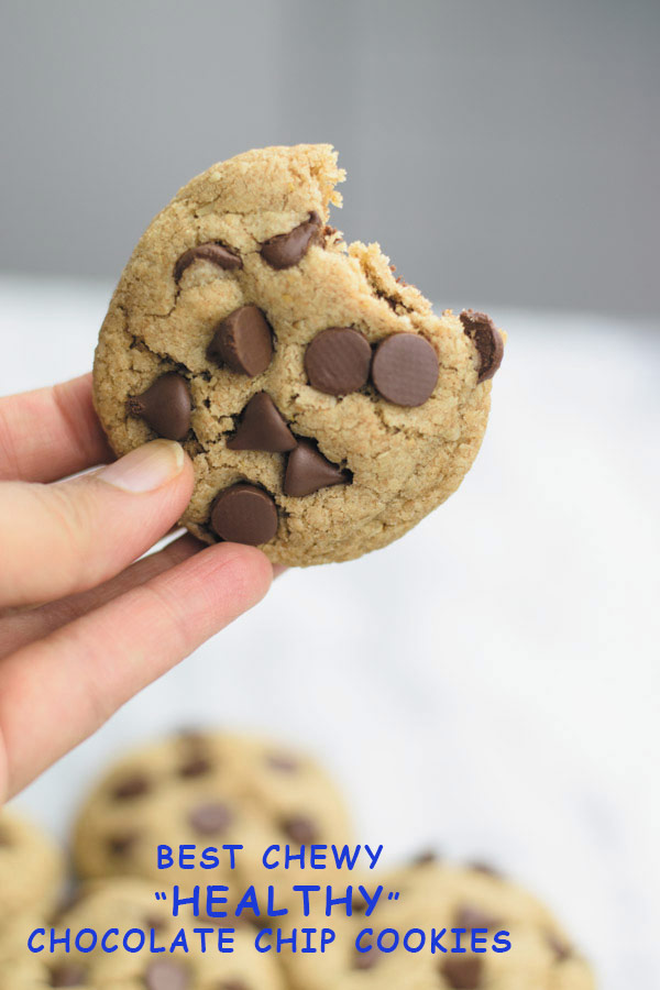 best chewy healthy chocolate chip cookies - THESE cookies have half the fat or regular chocolate chip cookies BUT SAME GREAT SOFT & CHEWY taste! Adding whole wheat flour and oats make them extra healthy! They don't last more than a day at my place!