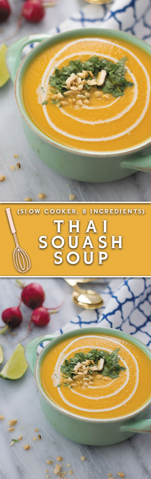 Thai Squash Soup - a delicious comfort soup made in slow cooker, made with just 8 ingredients. Healthy comforting soup!