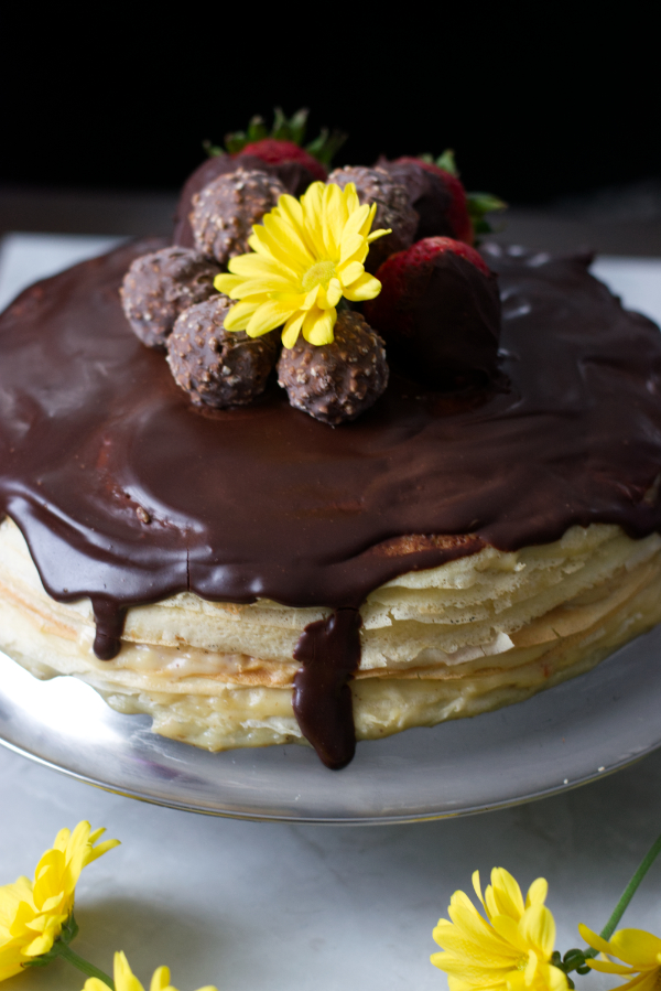 chocolate hazelnut crepe cake ready to eat