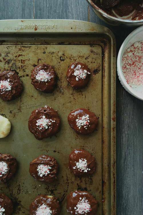 Homemade Peppermint Patties Dipped in Chocolate Sauce