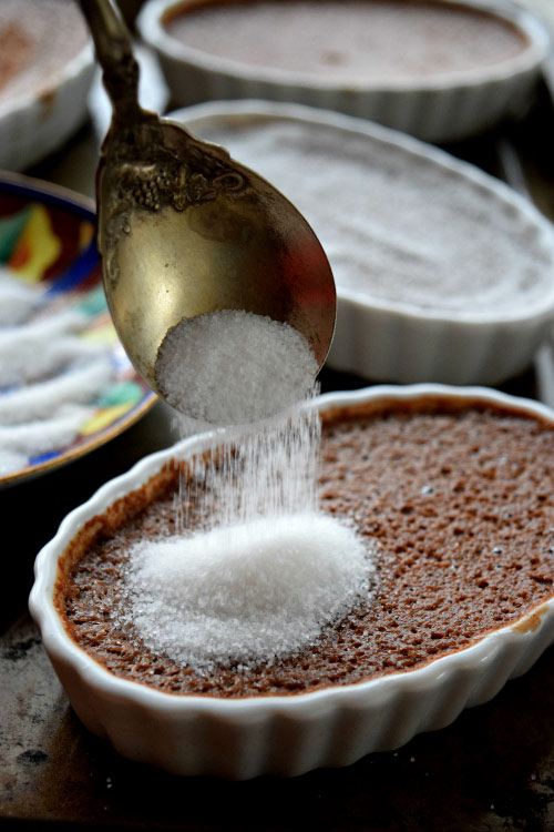 Adding Sugar to the Top of Chocolate Creme Brulee to make a Caramelized Crust 1