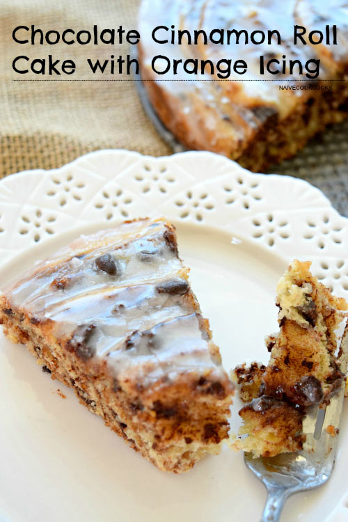 Chocolate Cinnamon Roll Cake with Orange Icing.