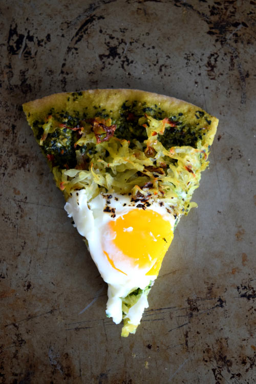 Slice of Hashbrown Breakfast Pizza with Kale Pesto