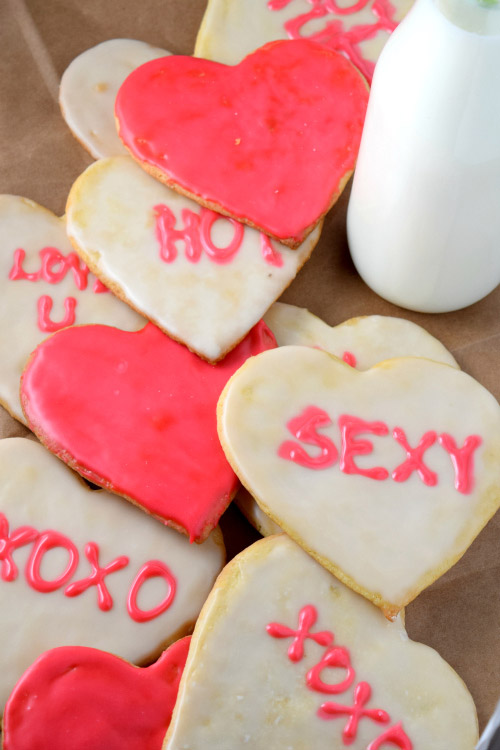 Bunch of Conversation Hearts Shaped Sugar Cookies