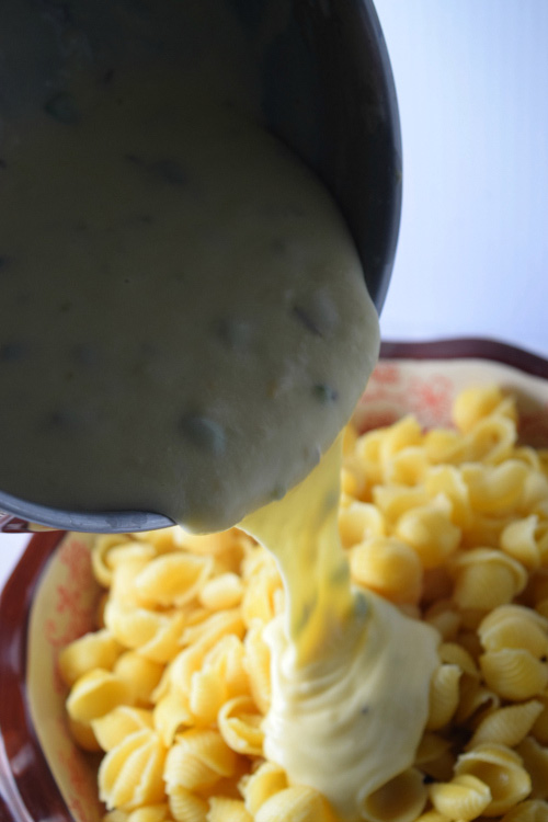 Pouring 3 Cheese Jalapeno Sauce on Shell Pasta