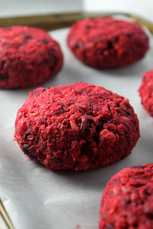 Smashed Beet Bean Burger Patties Ready to be Cooked