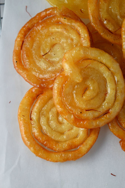 Jalebi (Indian Funnel Cake) with Saffron Syrup