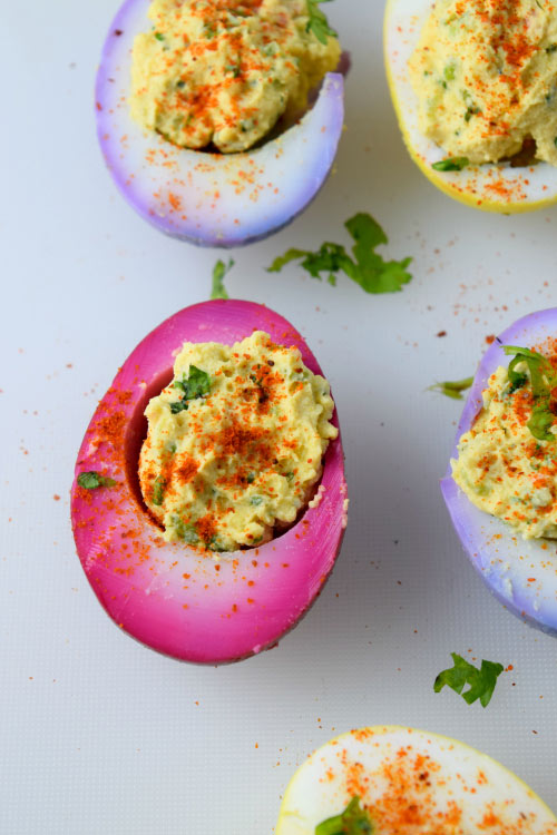 Tex Mex Deviled Eggs in Naturally Colored Eggs