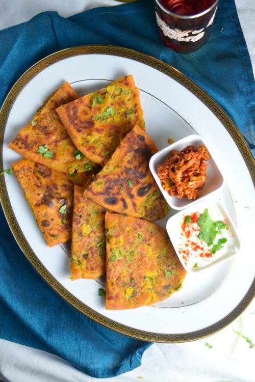 Peas & Corn Stuffed Parantha with Condiments