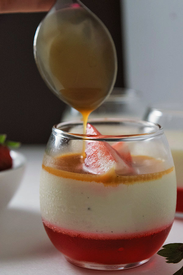 caramel dripping on panna cota