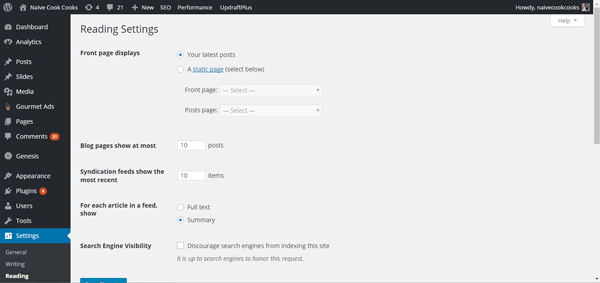 reading settings in wordpress