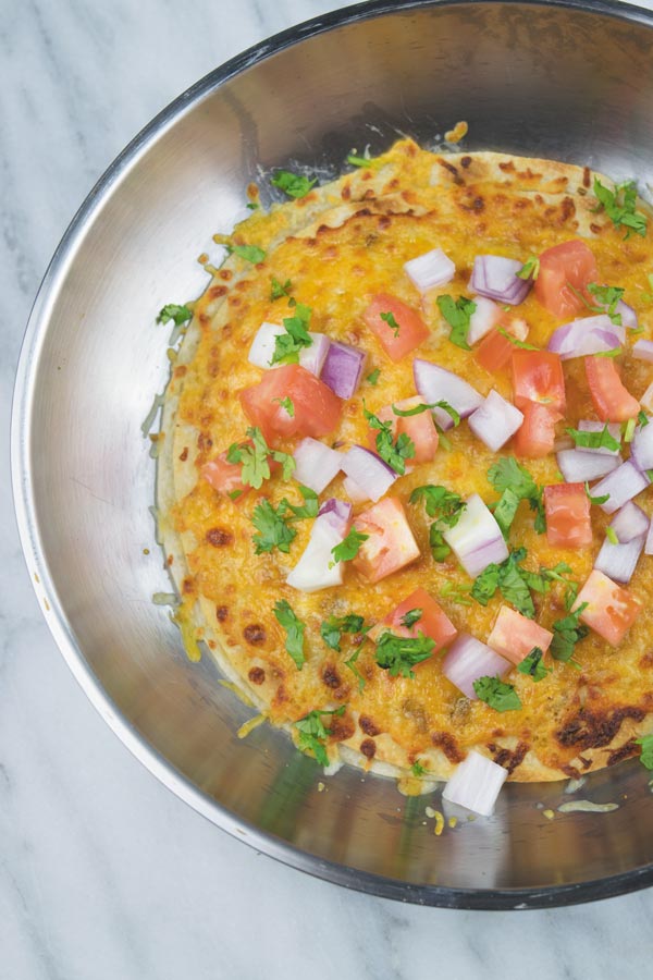 Quesadilla Pizza in skillet ready for dinner