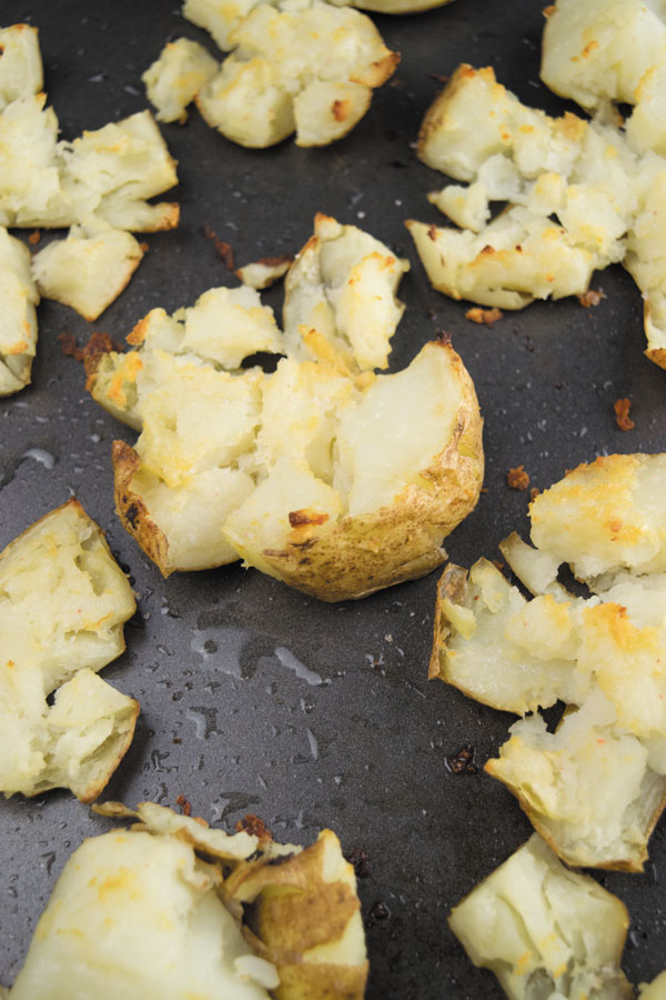 close up of smashed potatoes