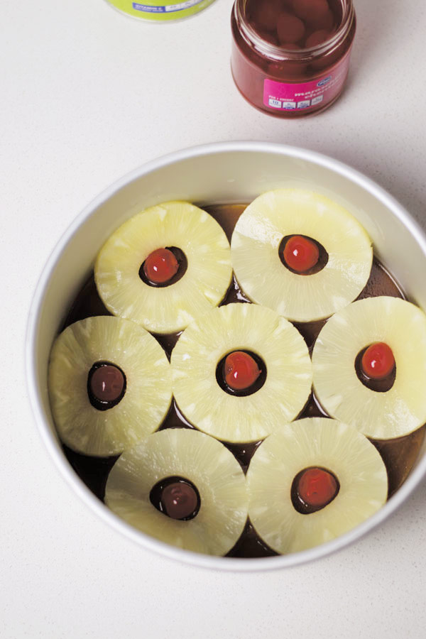 pineapple in the pan to make pineapple upside down cake