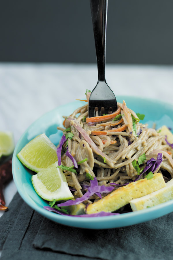 spicy peanut sauce noodles in a bowl