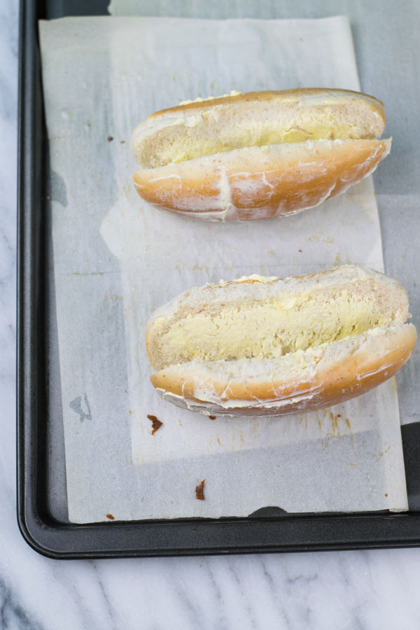 buttered bread for cheesy french fries sandwich