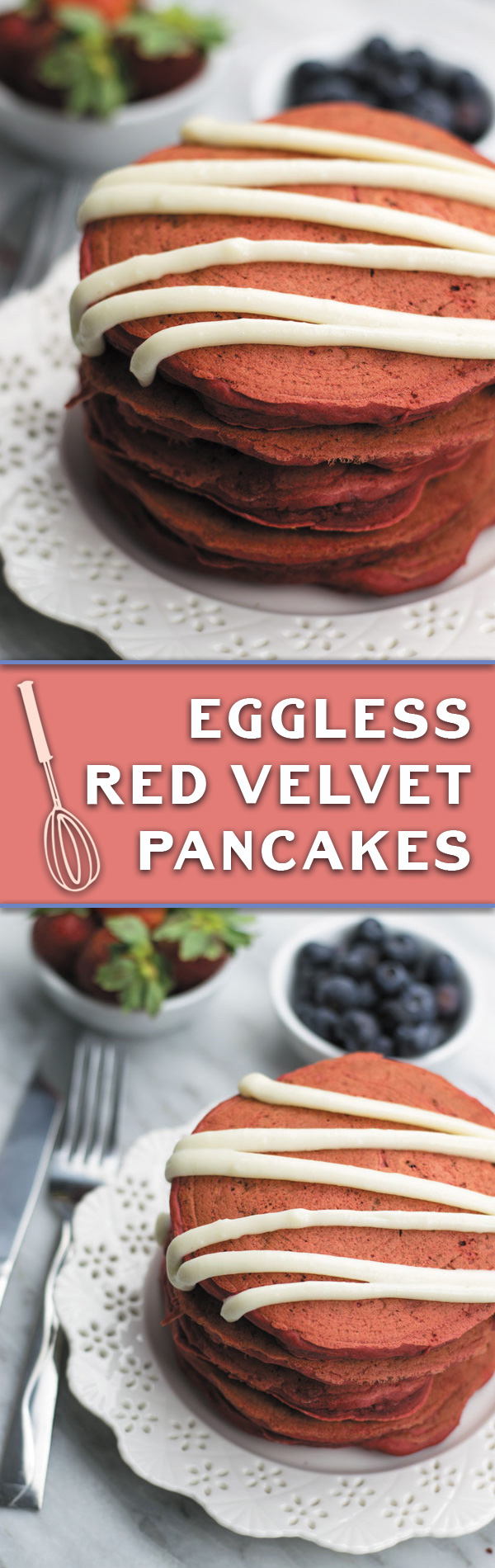 Eggless Red Velvet Pancakes - just 20 Mins, basic pantry ingredients needed. Softest pancakes ever!