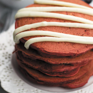 Eggless Red Velvet Pancakes - just 20 Mins, basic pantry ingredients needed. Softest pancakes ever!