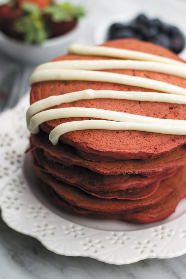 Eggless Red Velvet Pancakes - just 20 Mins, basic pantry ingredients needed. Softest pancakes ever!