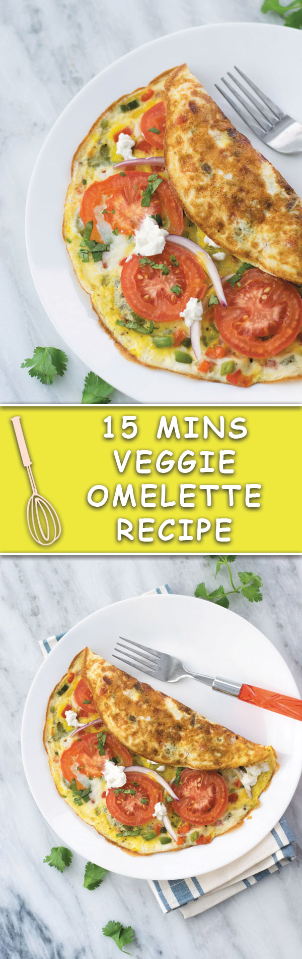 15 mins Veggie Omelette Recipe - a simple out of fridge meal, perfect for breakfast/lunch or dinner. This is one meal I cook when in no mood of cooking! An easy, filling & healthy omelette.