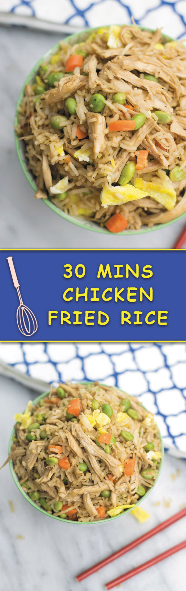 This super delicious CHICKEN FRIED RICE takes 30 mins start to finish, packed with marinated shredded chciken and tons of veggies, this is one meal that will leave you satisfied!