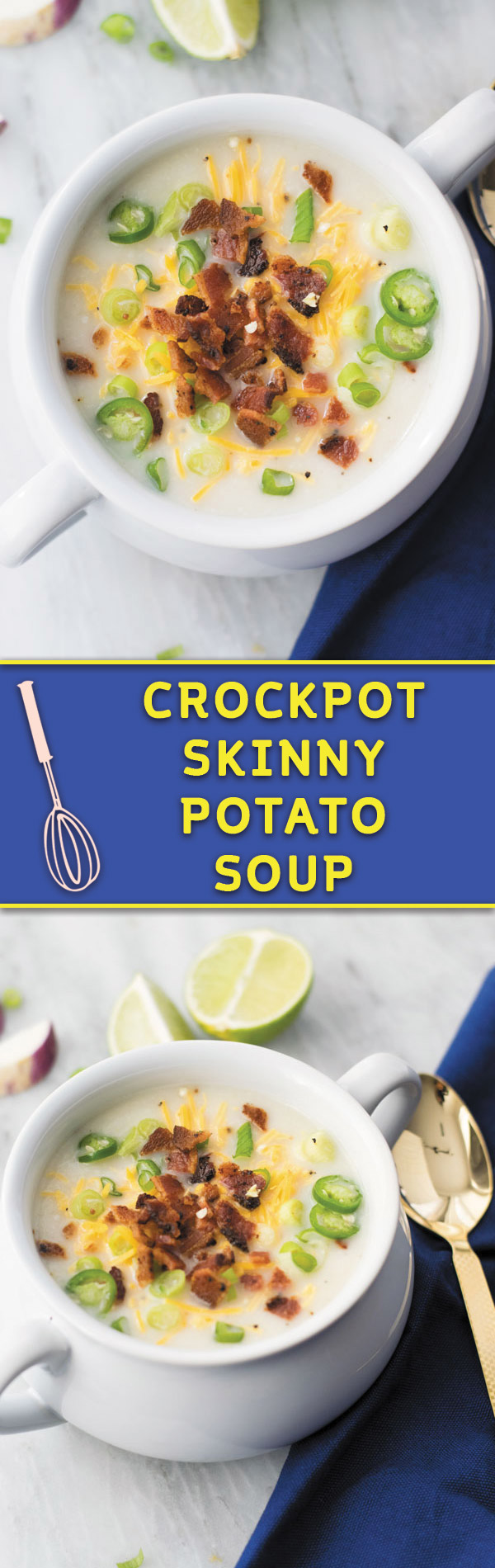 Crockpot skinny potato soup - Comforting CROCKPOT soup, lightened version of POTATO SOUP, mixed with cauliflower which even picky eater's can't tell! Perfect for an easy quick meal!
