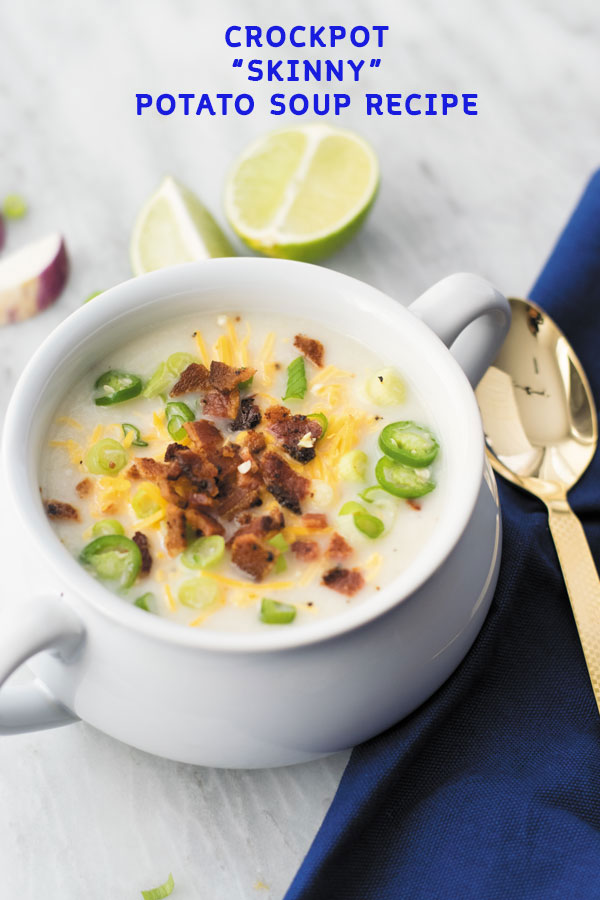 Crockpot skinny potato soup - Comforting CROCKPOT soup, lightened version of POTATO SOUP, mixed with cauliflower which even picky eater's can't tell! Perfect for an easy quick meal!