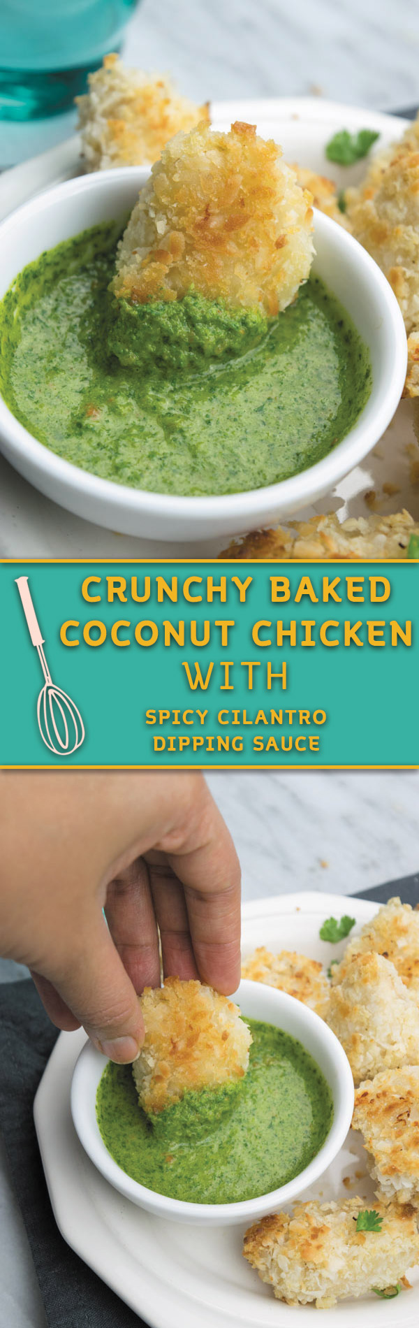 Crunchy Baked Coconut Chicken Bites - Crunchy baked coconut chicken, slightly on the sweeter side served with a spicy cilantro dipping sauce. So good!