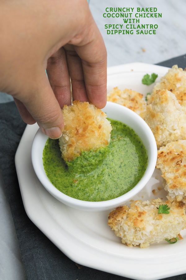 Crunchy Baked Coconut Chicken Bites - Crunchy baked coconut chicken, slightly on the sweeter side served with a spicy cilantro dipping sauce. So good!