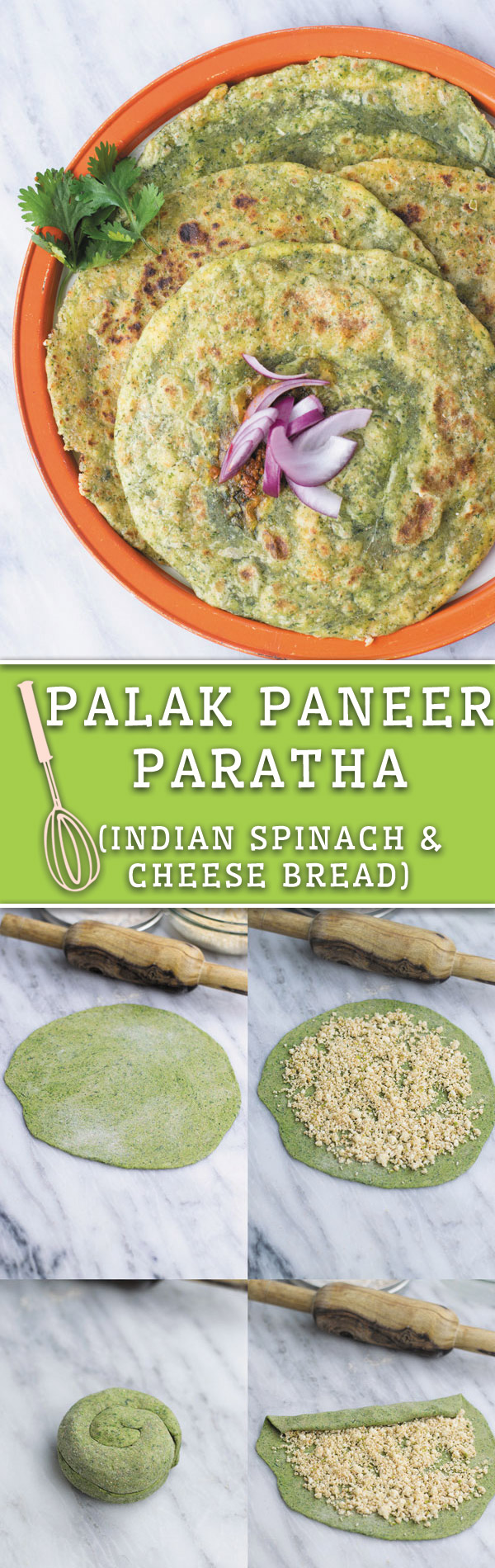 Palak Paneer Paratha- Indian flatbread dough made with spinach and stuffed with seasoned Indian cheese, perfect healthy breakfast or side dish!