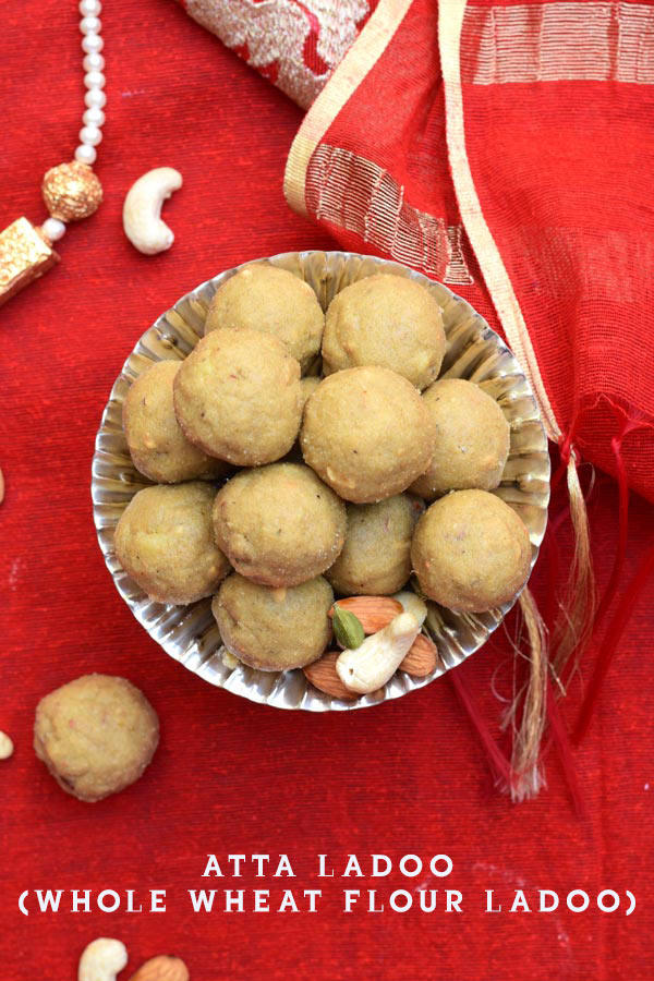 Atta Ladoo - No BAKE sweetened Whole Wheat Flour Laddo (Balls) with nuts. A perfect after workout treat and makes for a delicious healthy dessert!