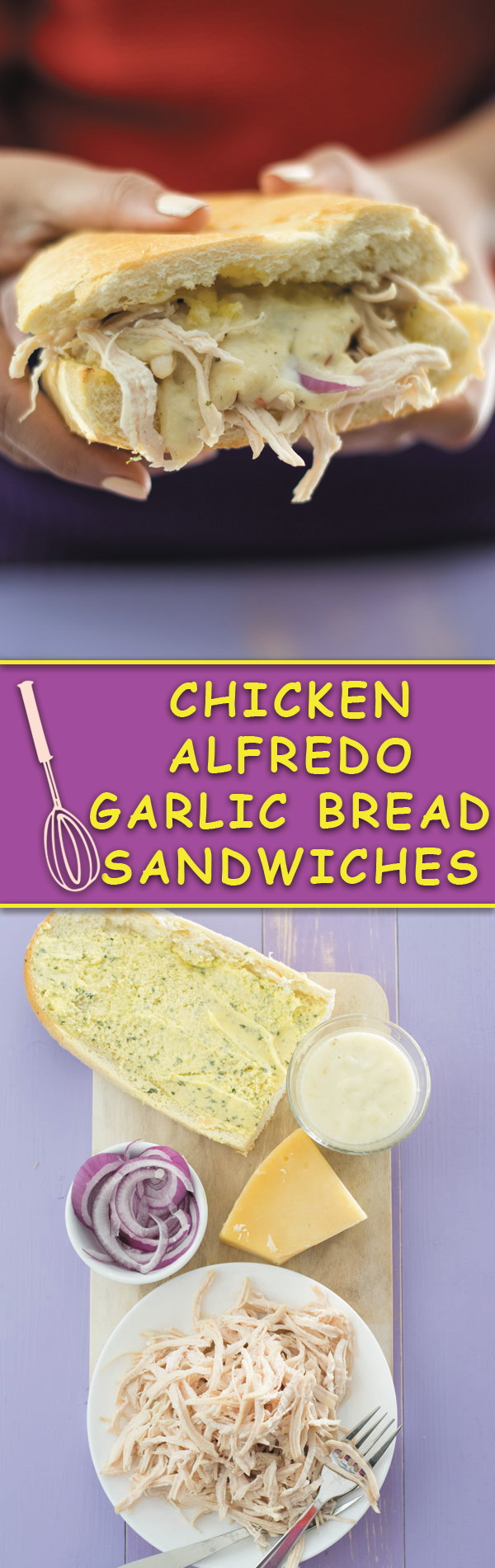 Chicken Alfredo Garlic Bread Sandwiches - super easy weeknight meal BUT with tons of flavor! Shredded chicken, alfredo sauce, parmesan cheese and garlic bread makes for a mean addicting sandwich!