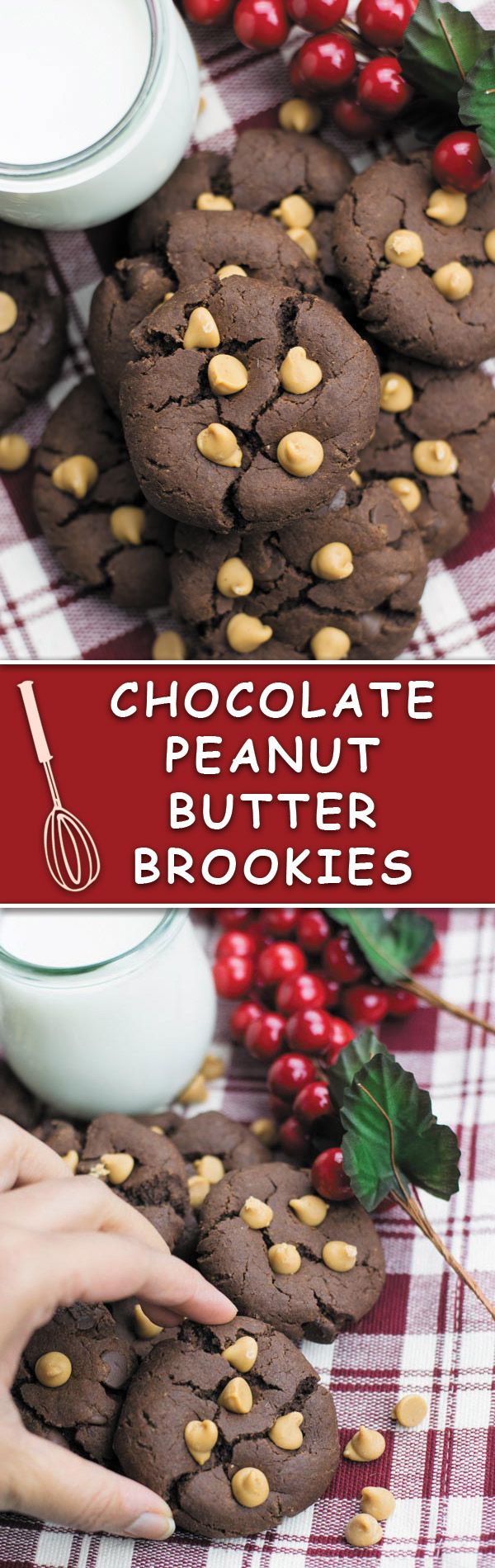 Chocolate PB Brookies - easy, eggless CHOCOLATE BROWNIE COOKIES with PEANUT BUTTER. Popular holiday treat!