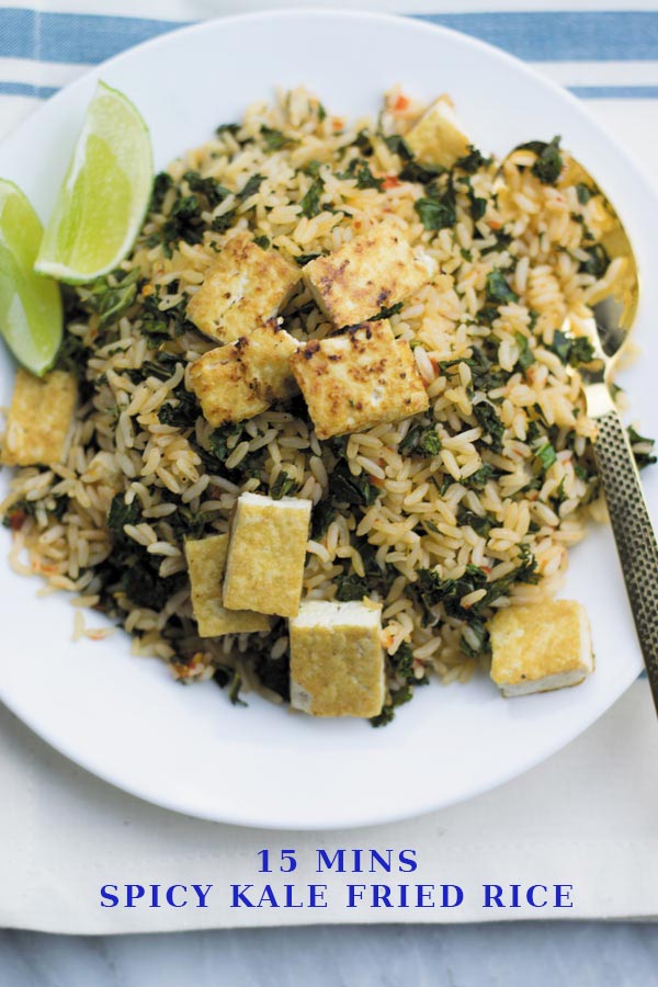 Spicy Kale Fried Rice - Just 15 Mins to make this amazing side dish or adding a protein of choice makes it into a filling meal! It's been on a regular DINNER rotation at our place. My family LOVES IT!