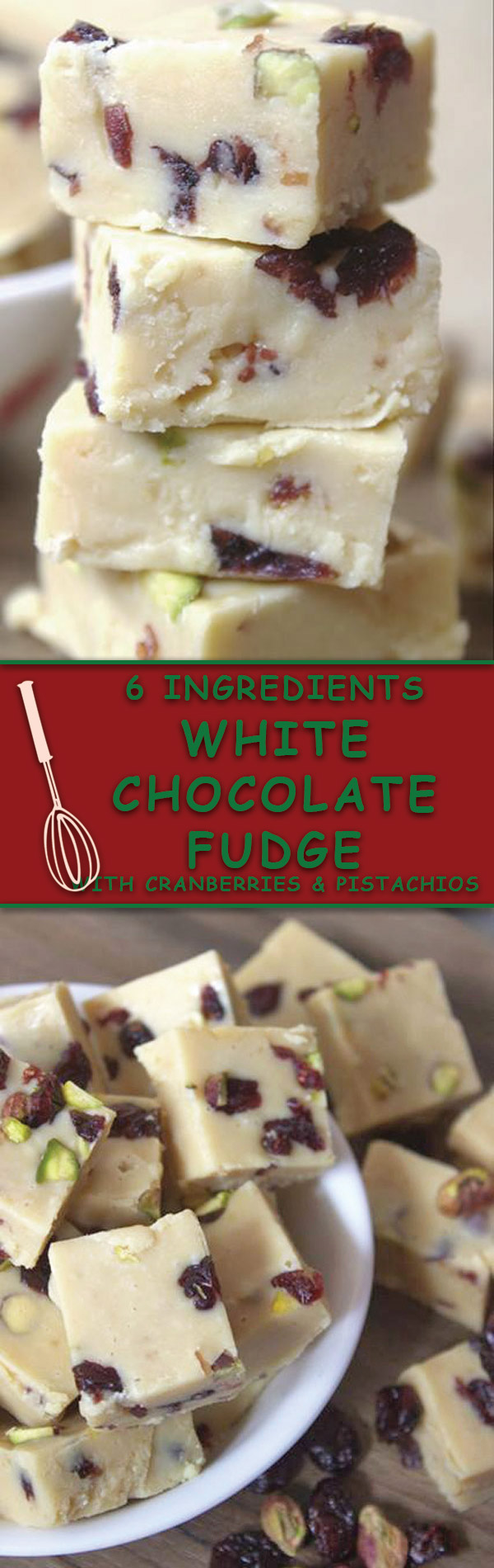 White Chocolate Fudge : Just 6 Ingredients, NO BAKE fudge with cranberries & pistachios. A great holiday gift or perfect for easy holiday desserts!