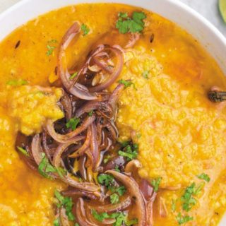 Easy Crockpot Red Lentils - Creamy red lentils made in slow cooker, served with tempered onions. This MEAL I can eat everyday! Simple, CHEAP & delicious!