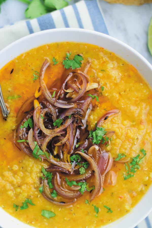 Easy Crockpot Red Lentils - Creamy red lentils made in slow cooker, served with tempered onions. This MEAL I can eat everyday! Simple, CHEAP & protein packed meal which tastes as good as the one at restaurant!