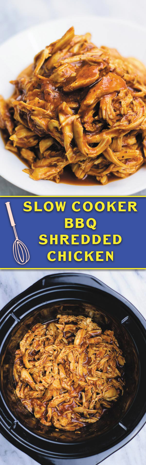 Slow Cooker BBQ Shredded Chicken - just 3 ingredients are all you need to make this delicious BBQ shredded chicken! Great in sandwiches, tacos, burritos or plain! Super flavorful!