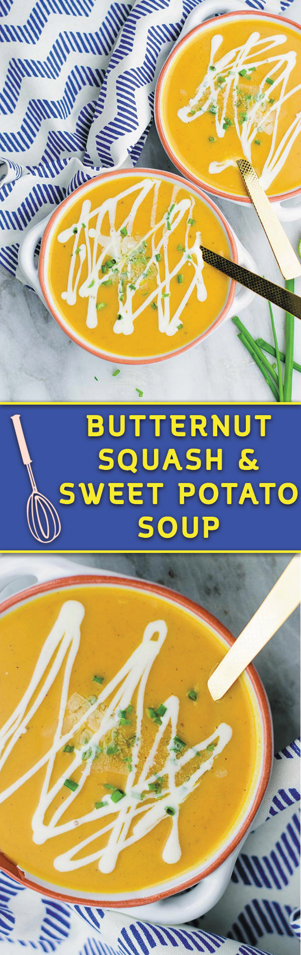 Butternut Squash & Sweet Potato Soup - delicious butternut squash, sweet potato and apple soup, all thrown in slow cooker! Super easy no fuss soup for cold weather!