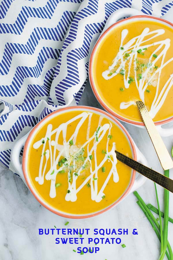 Butternut Squash & Sweet Potato Soup - delicious butternut squash, sweet potato and apple soup, all thrown in slow cooker! Super easy no fuss soup for cold weather!