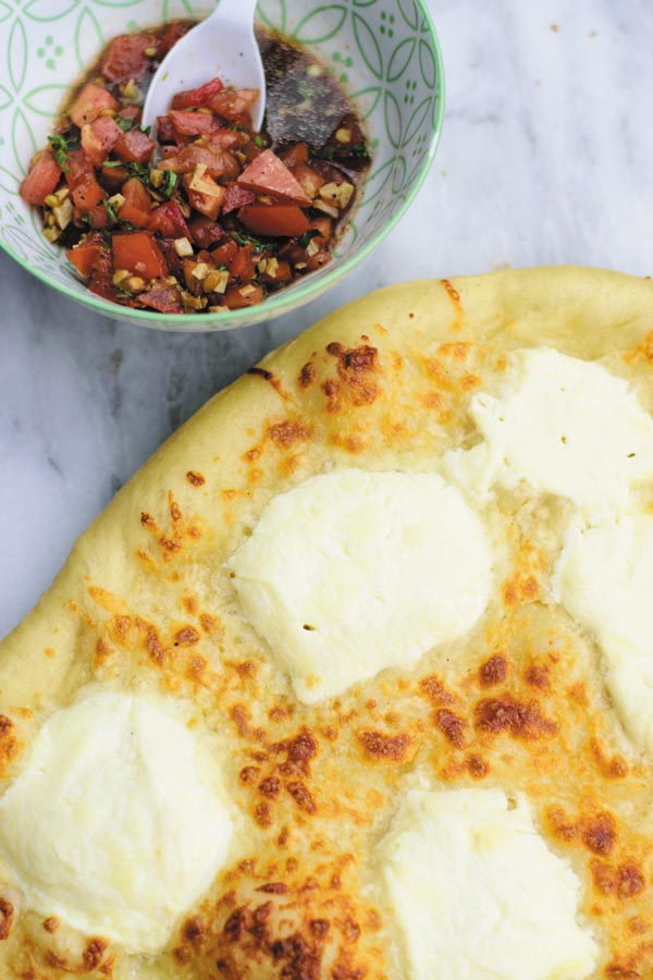 Bruschetta Pizza - Best homemade pizza crust with ricotta & mozarella baked to crispy perfection. Better than restaurant!