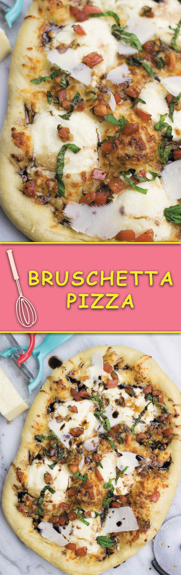 Bruschetta Pizza - Best homemade pizza crust with ricotta & mozarella baked to crispy perfection. Balsamic vinegar soaked tomatoes and basil topped along with balsamic glaze!