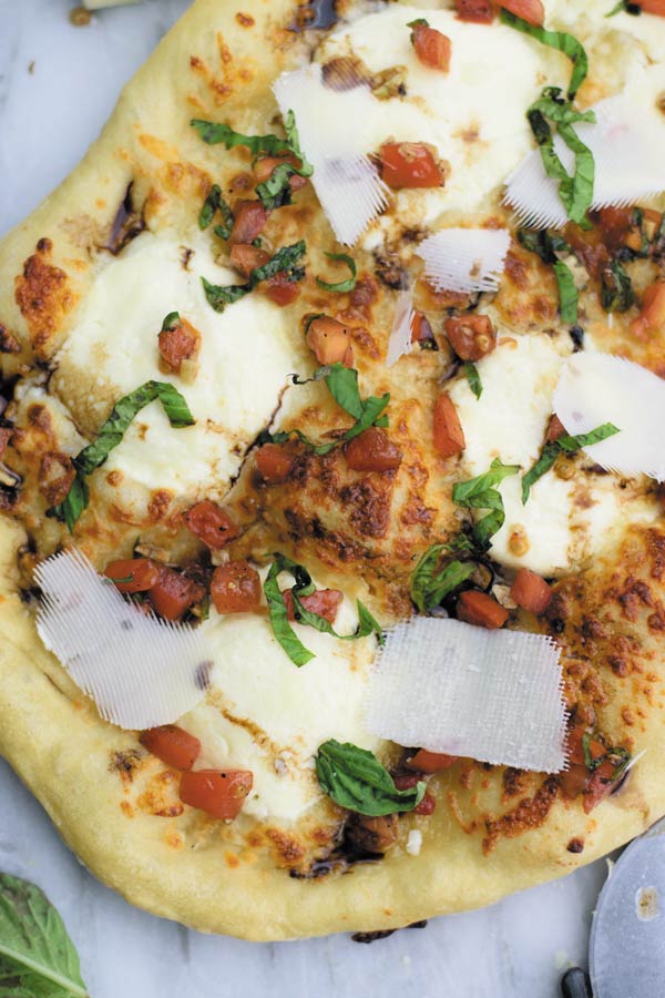 Bruschetta Pizza - Best homemade pizza crust with ricotta & mozarella baked to crispy perfection. Better than restaurant!