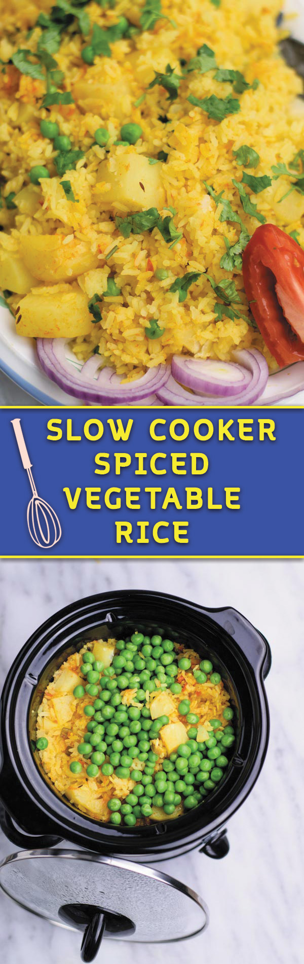 slow cooker spiced vegetable rice - delicious eaten plain or served as a side, this one pot meal comes together in slow cooker! Spiced rice with peas and potatoes makes for a cozy dinner!